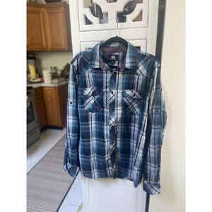 Rock & Republic Mens L Blue Plaid Shirt Long Sleeve‎ Button Up